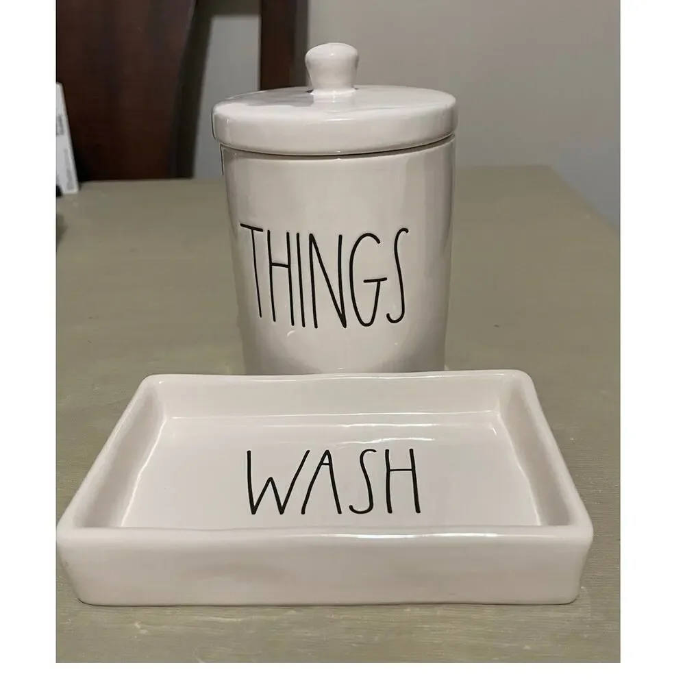 Rae Dunn 2 Pieces Ceramic Bathroom‎ Set Dish Wash Plate And Things Jar With Lid